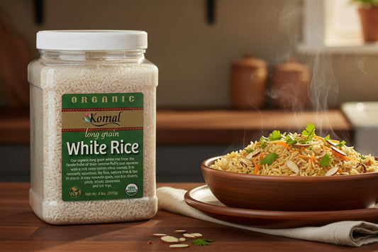 Enjoy the Pure Organic benefits of Komal Long Grain White Rice in bulk for your pantry!
