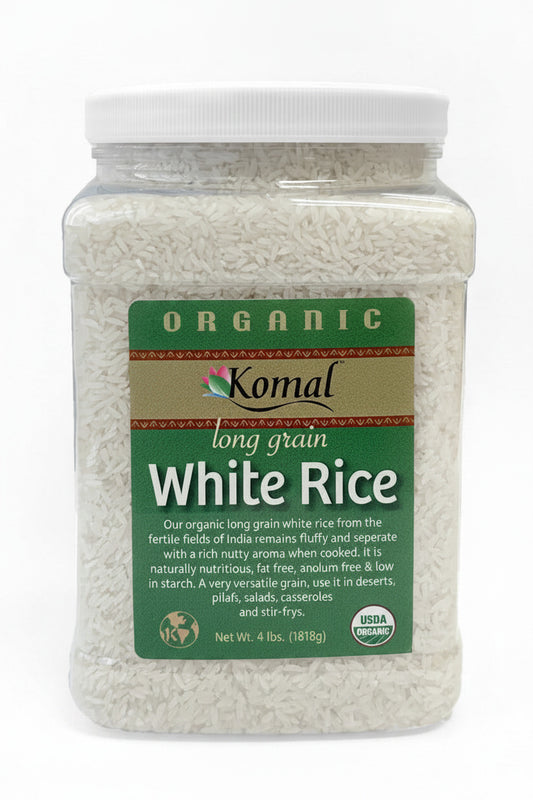 Jar of organic long grain white rice with Komal branding on a white background