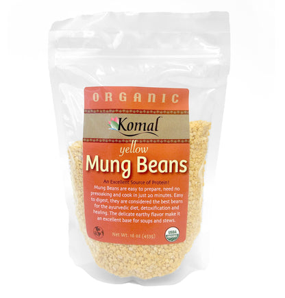 Packaged yellow mung beans with Komal branding on a white background