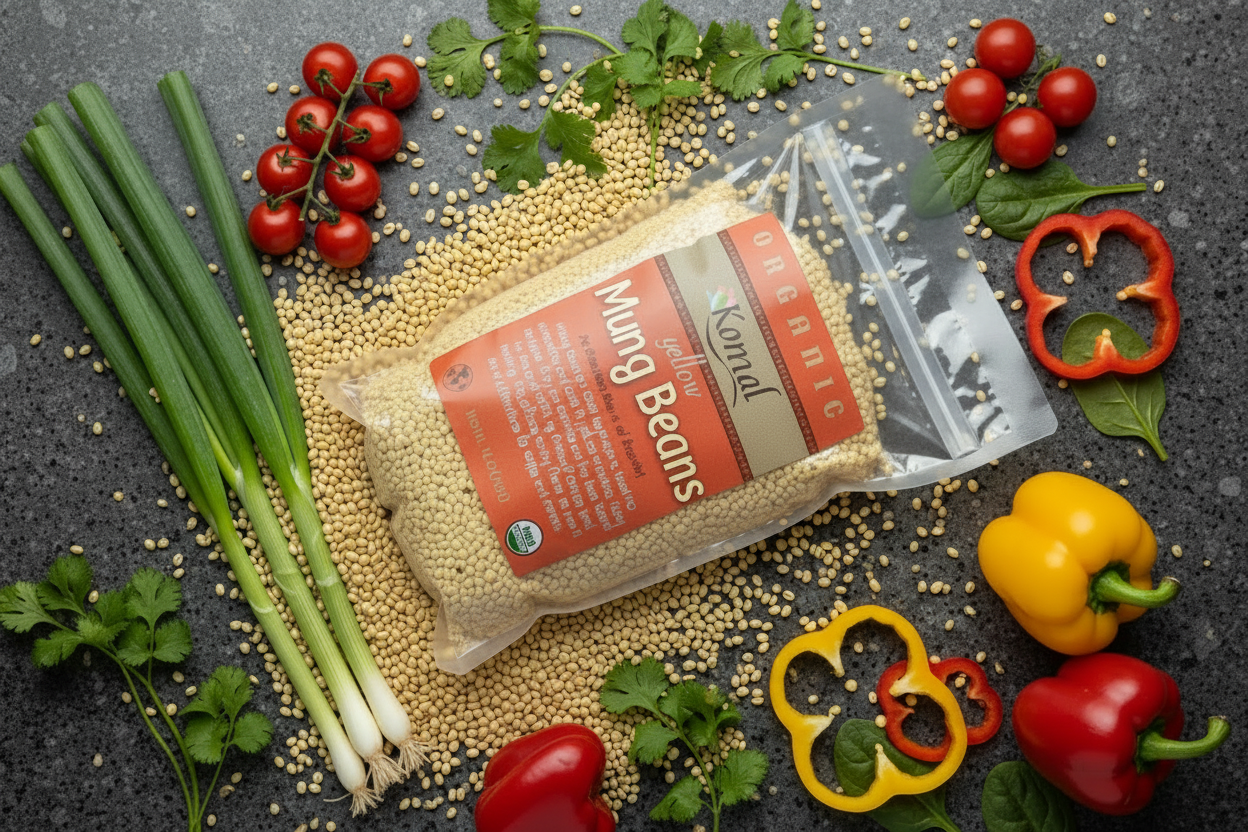 Bag of mung beans with vegetables on a dark surface