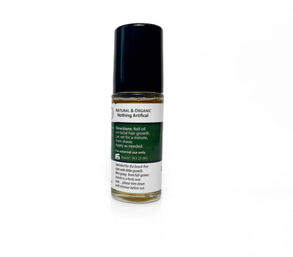 Organic shaving oil bottle side label with direction of use natural trim beard before shave