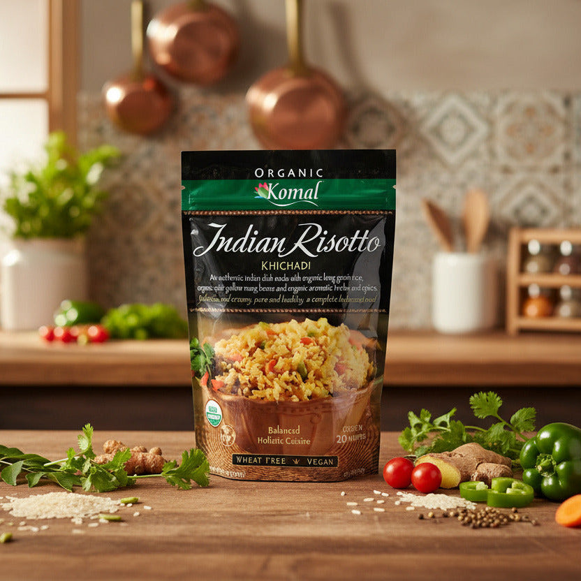 Komal Indian Risotto in a warm kitchen to enjoy with natural and healthy diet.