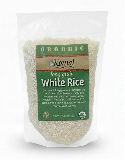 Packaged white rice with a green label on a white background