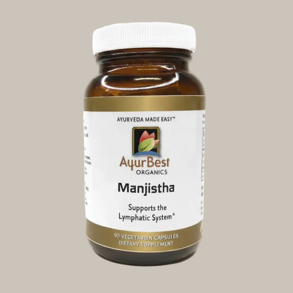 AyurBest Organics Manjistha supplement bottle on a beige background