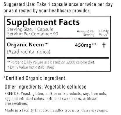 Neem capsules supplement facts label 450 mg Azadirachta indica vegeterain capsules