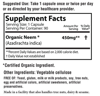 Each capsule contains 450mg of Organic Neem
