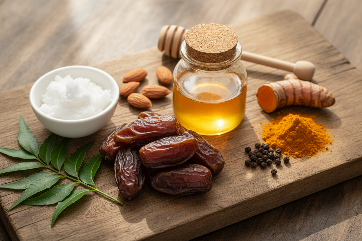 Glass jar of honey, dates, turmeric, and other ingredients on a wooden board.