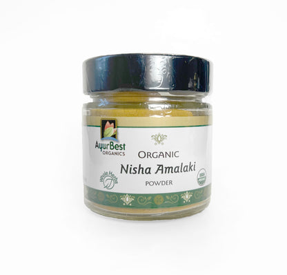 Jar of organic Nisha Amalaki powder Turmeric Amalaki