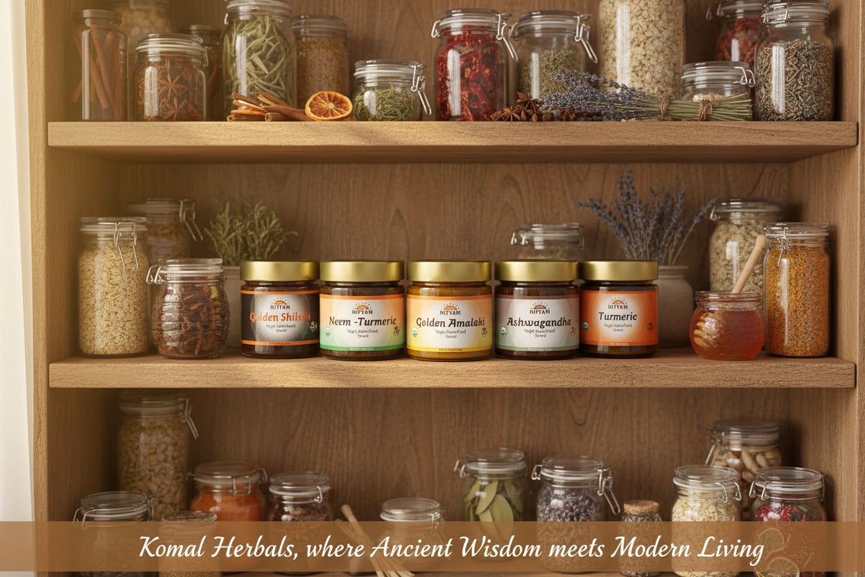 Six jars of Nityam "Daily" Superfood spreads on a shelf with herbs and foods in pantry.