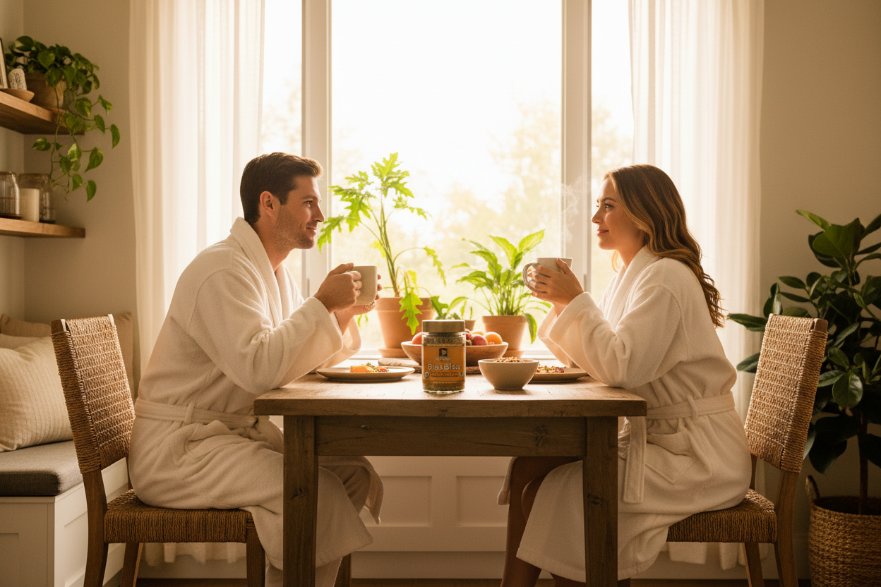 Ojas Bliss, Organic drink enjoyed by a couple at breakfast table