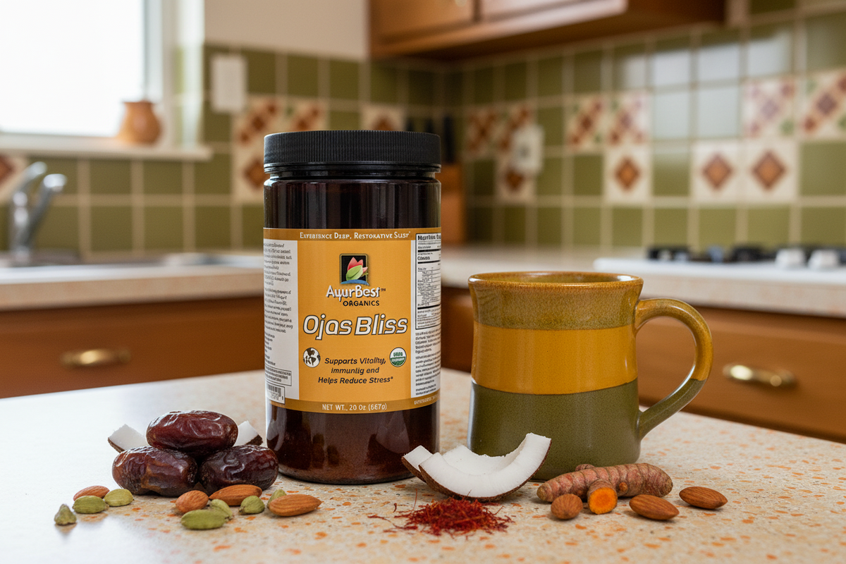 Ojas Bliss, Organic 20oz jar in kitchen with raw material ingredients
