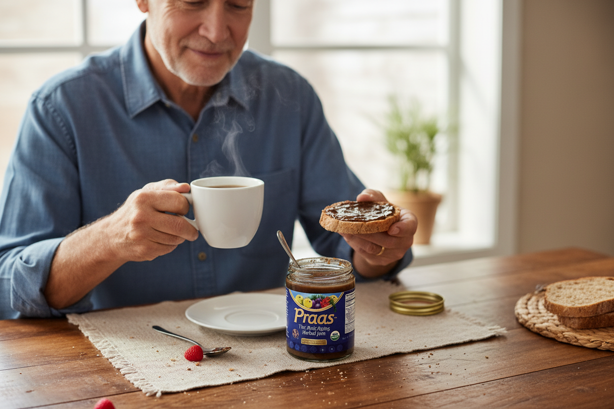 Man holding a cup of coffee and toast with Organic Prass herbal jam with product  jar of Praas on a table.