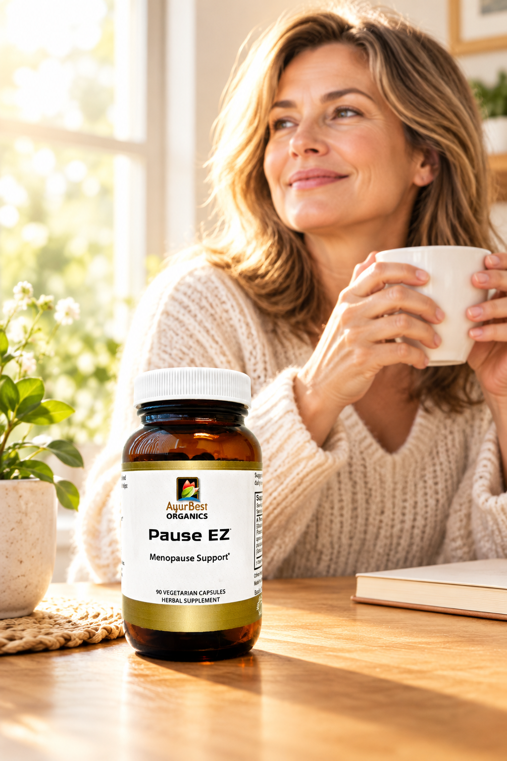 Image of middle age woman with bottle of Pause EZ capsules on table.
