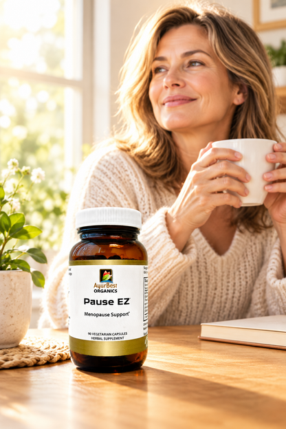Image of middle age woman with bottle of Pause EZ capsules on table.