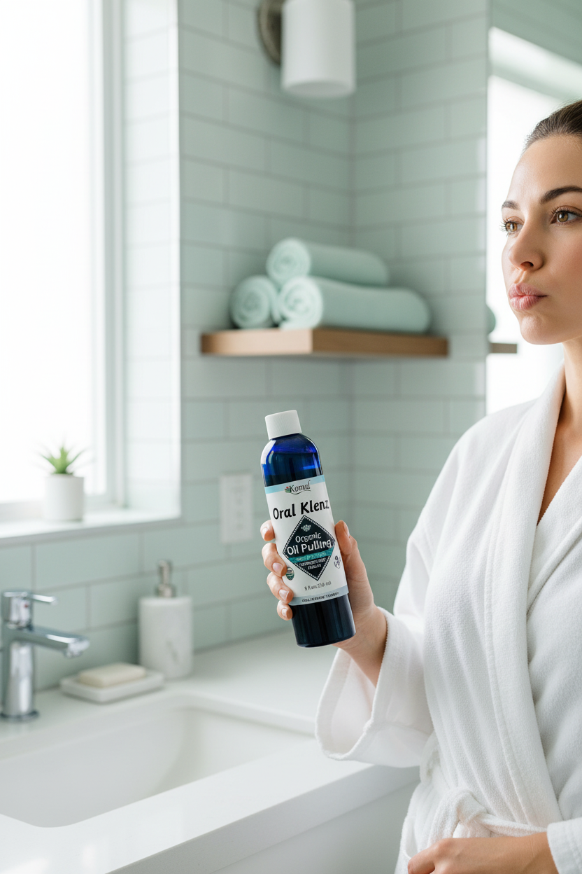 Woman in a bathroom holding a bottle of Oral Klenz Peppermint swishing product