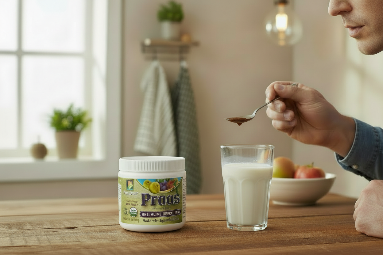 Person holding a spoon with a Organic Praas herbal jam over a glass of milk on a wooden table.