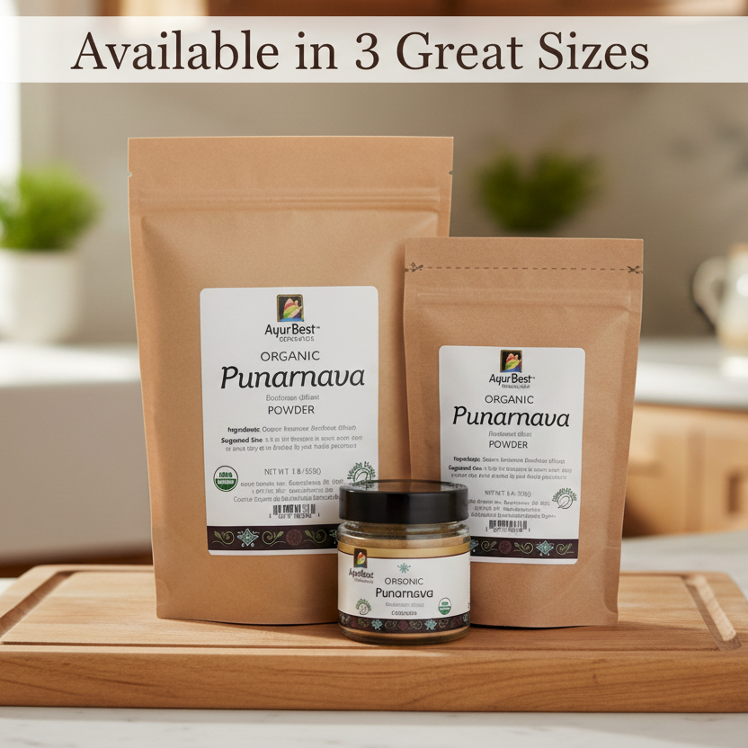 Two packages of Organic Punarnava Powder and a jar on a wooden cutting board in a kitchen setting.