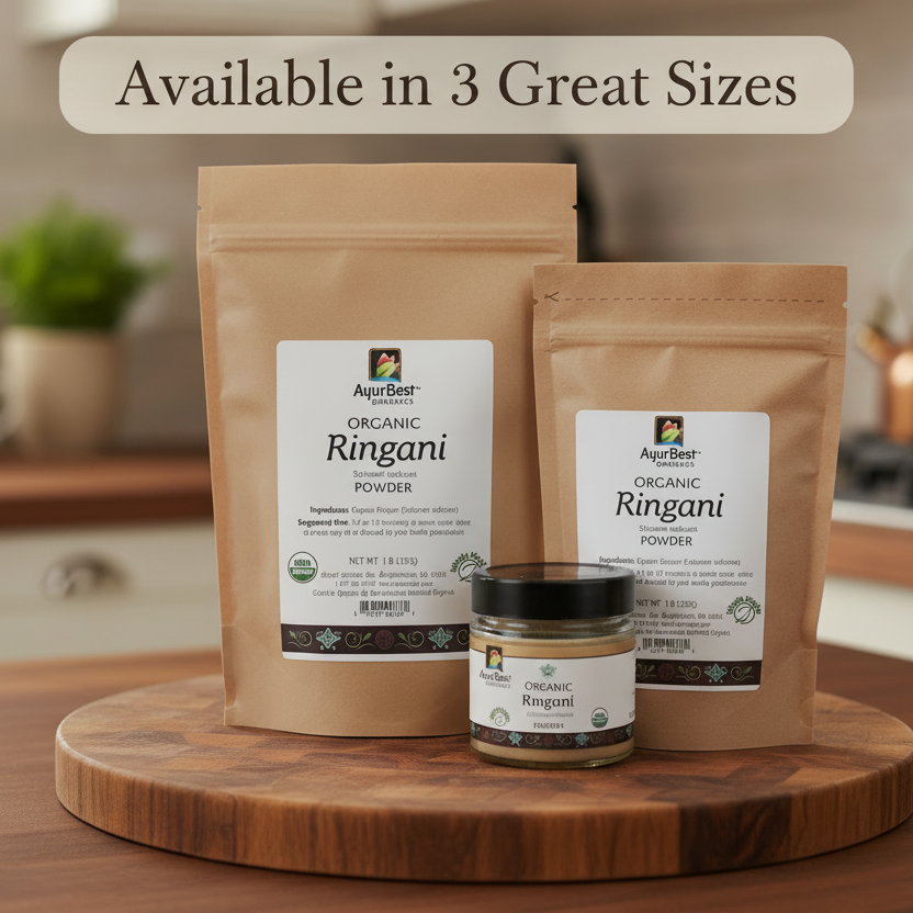 Two brown bags and a small jar of Organic Ringani powder on a wooden cutting board in a kitchen setting.