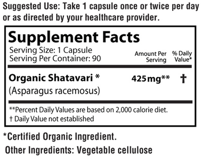 Shatavari Asparagus racemosus 90 Capsules Supplement Fact label