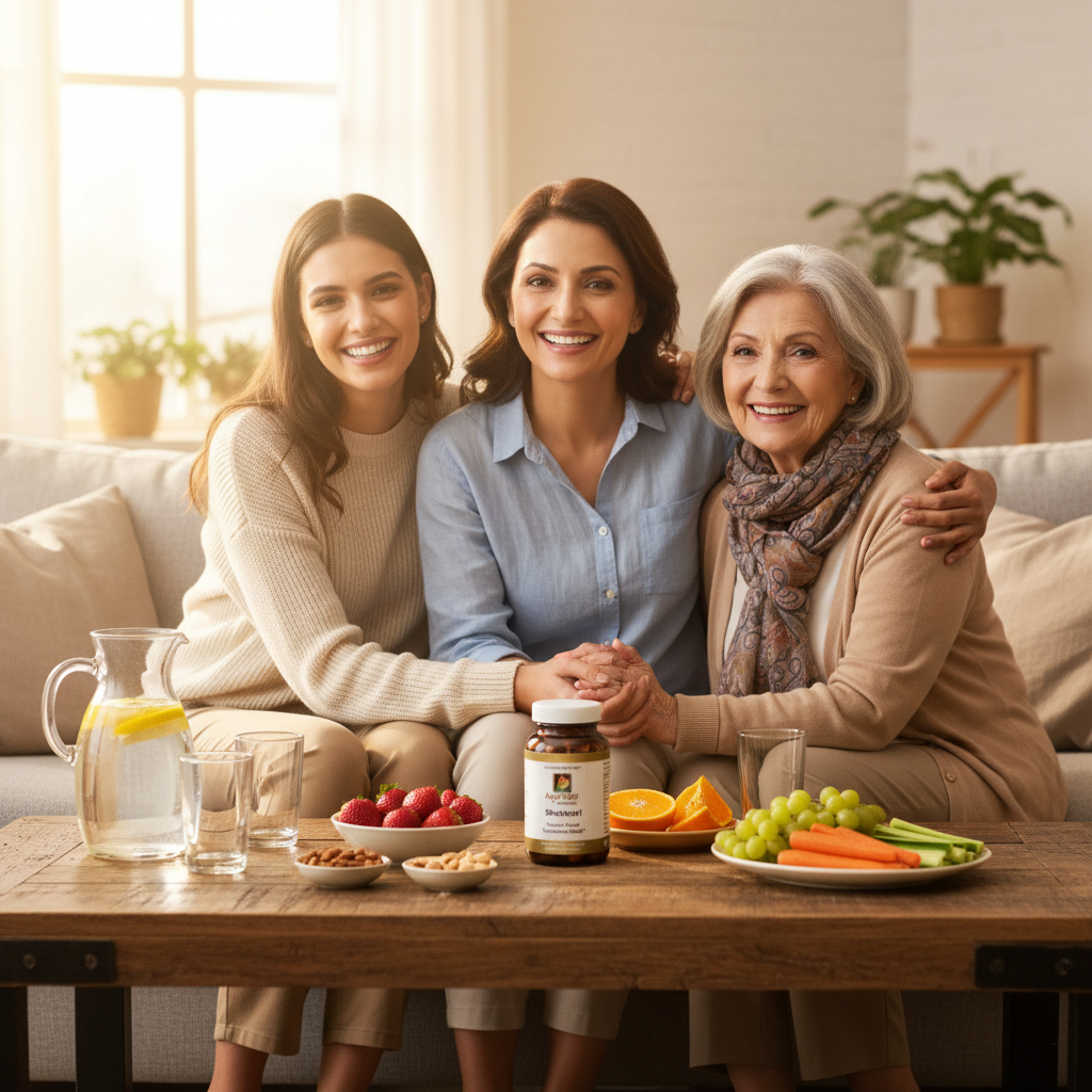 Three women sitting together with a table full of fruits, vegetables, and a bottle Shatavari supporting their hormonal health.