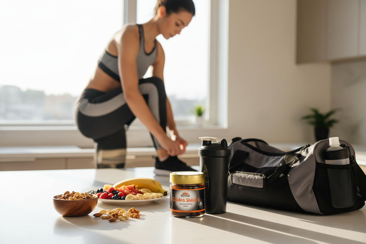 Woman preparing for a workout with healthy snacks and a gym bag on a kitchen counter.