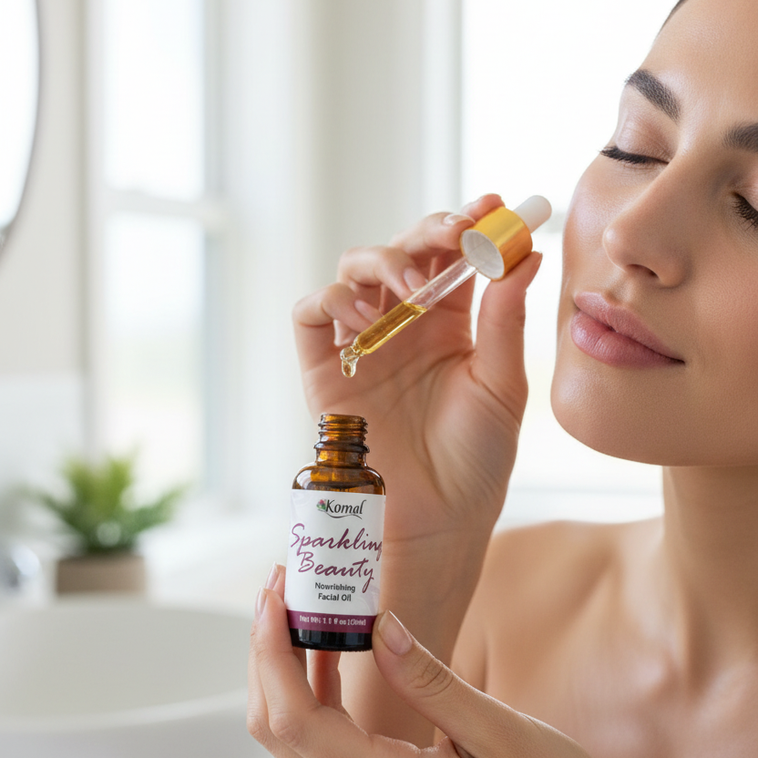 Woman applying facial oil from a dropper bottle labeled 'Sparkling Beauty'.