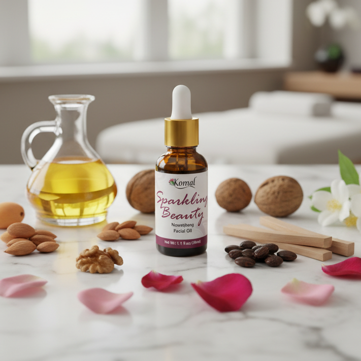 Komal Herbals facial oil bottle on a marble surface with nuts, flowers, and a carafe of oil.
