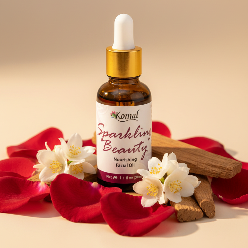 Komal Sparkling Beauty facial oil bottle with flowers and sandalwood on a beige background