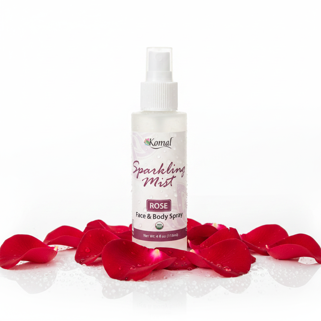 Komal Sparkling Mist Rose Face & Body Spray surrounded by red rose petals on a white background