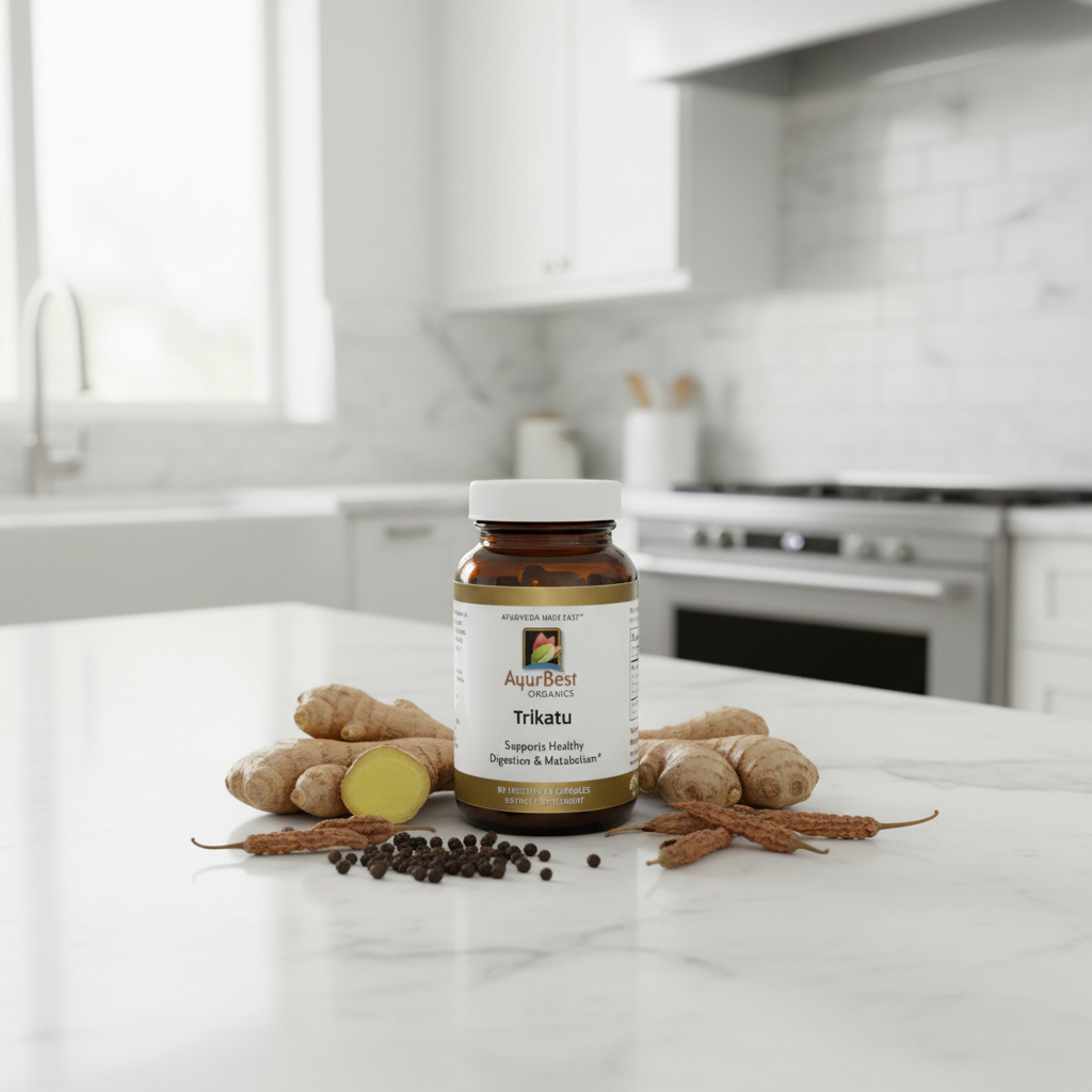 Bottle of Trikatu supplement on a kitchen counter with spices