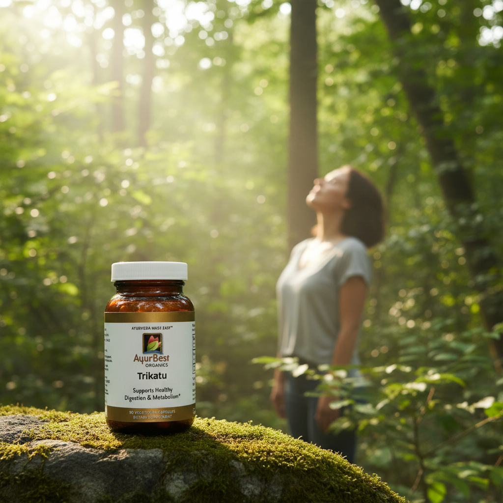 Bottle of AyurBest Trikatu in a forest setting with a person standing in the background breathing easily