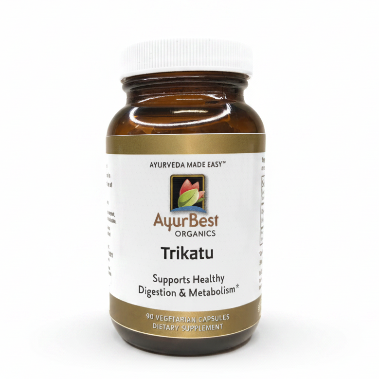 AyurBest Organics Trikatu supplement bottle on a white background