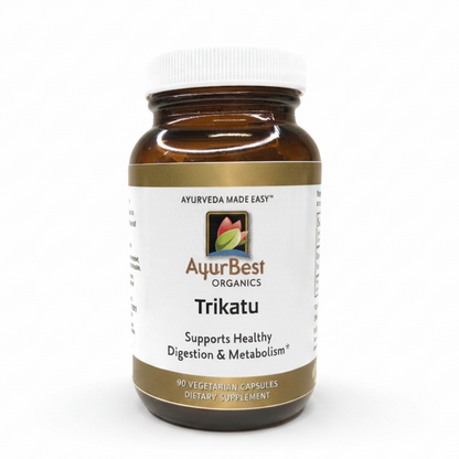 AyurBest Organics Trikatu supplement bottle on a white background
