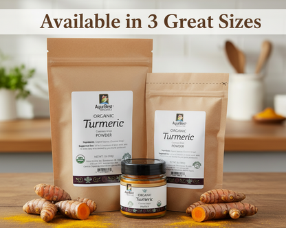 Two packages of organic turmeric powder and a jar of turmeric on a wooden surface.