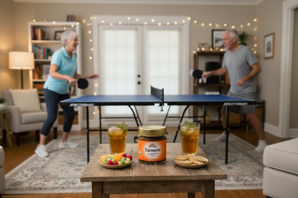 Two people playing ping pong in a living room with a table displaying food items.