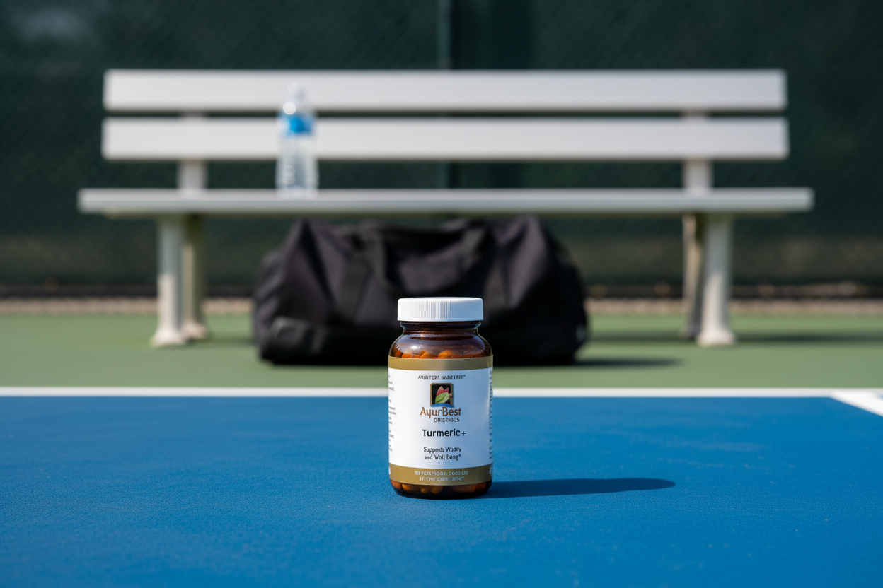 Turmeric Supplements help on and off the court to help support healthy inflammation and joint support. (court with a bench and bag in the background)