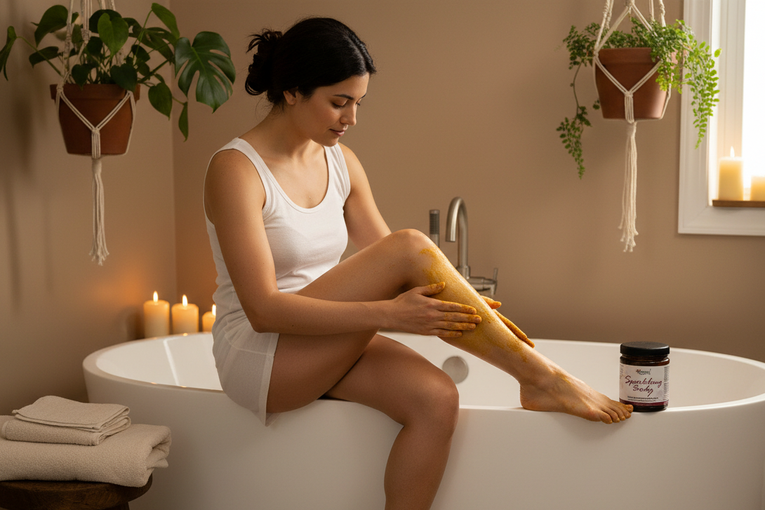 Woman sitting in a bathtub applying body scrub to her leg with a jar of Sparkling Body (Ubtan) on the edge of the tub.