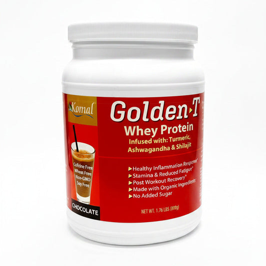 Container of Golden T Whey Protein with a white lid on a white background