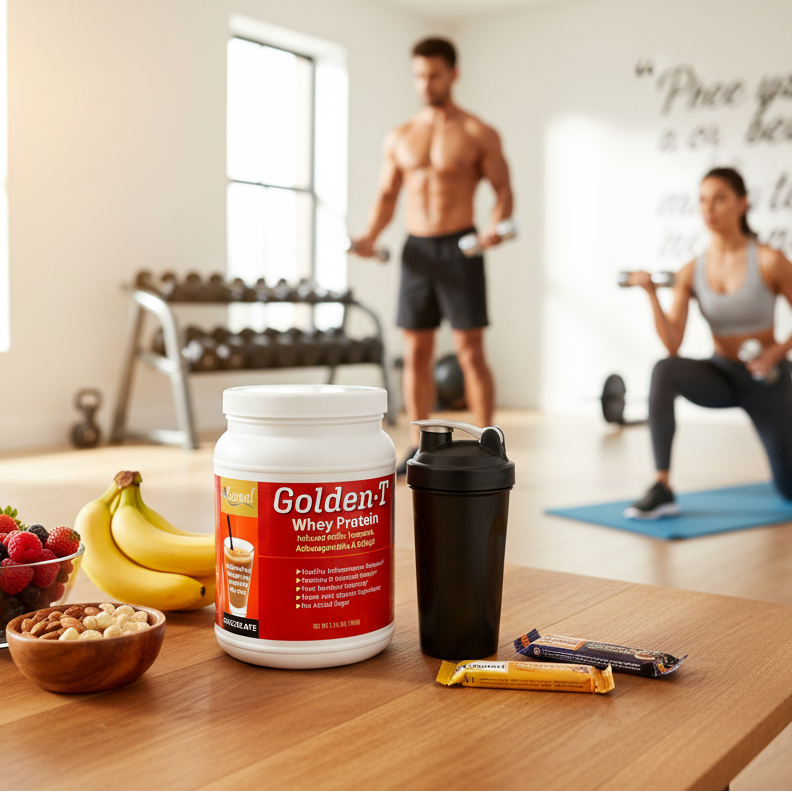 GoldenT Whey Protein helps boost your work out, seen in picture as jar of product on a table with a couple exercising in the background