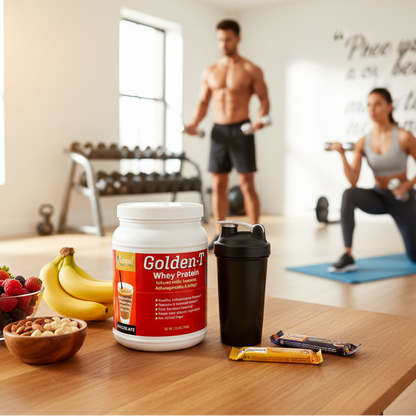 GoldenT Whey Protein helps boost your work out, seen in picture as jar of product on a table with a couple exercising in the background