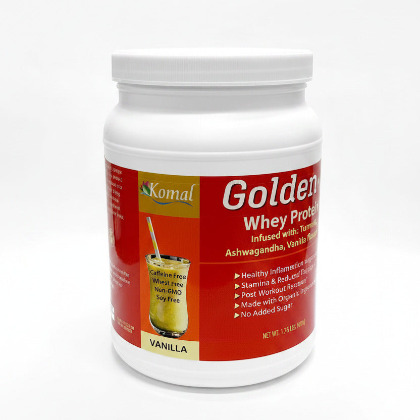 Container of Golden Whey Protein powder with a white background