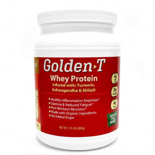 Container of Golden-T Whey Protein powder on a white background