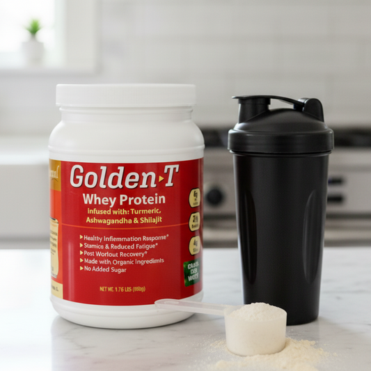 Golden-T whey protein powder container with a shaker on a kitchen counter