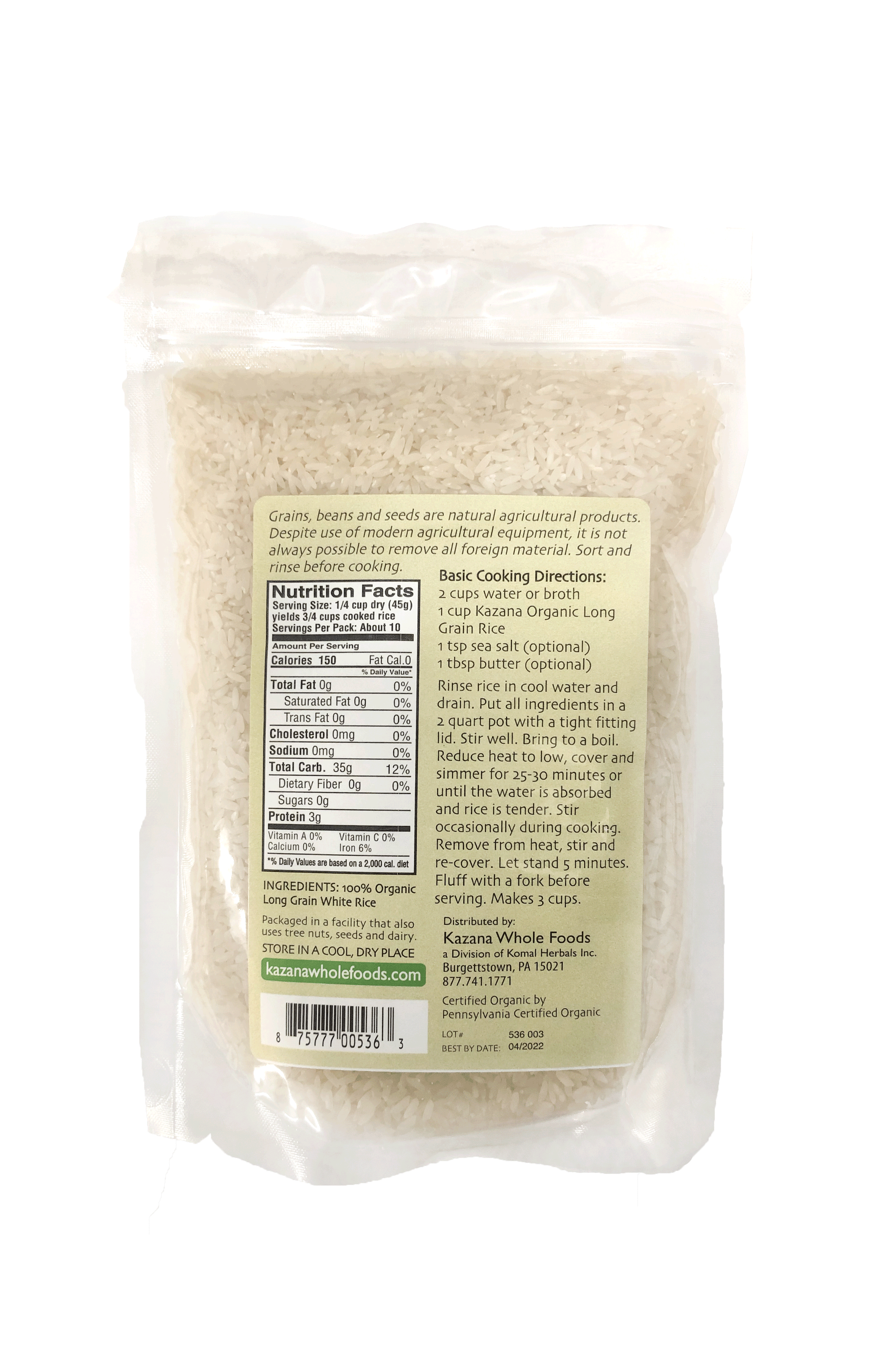 Organic Long Grain Rice 16oz Nutritional Information