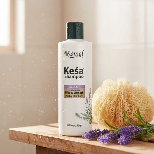 Komal Késa Shampoo bottle with a loofah and lavender flowers on a wooden surface.