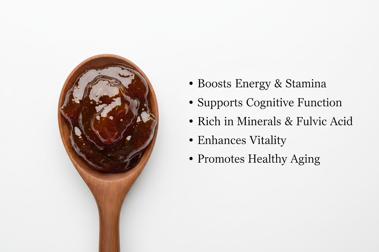 Wooden spoon with a dark brown substance on a white background, with text about health benefits.