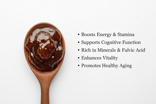 Wooden spoon with a dark brown substance on a white background, with text about health benefits.