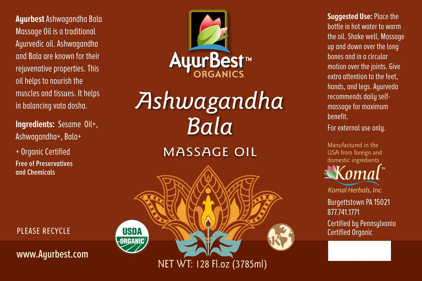 Wholesale Oils - Ashwagandha Bala Massage Oil, Organic