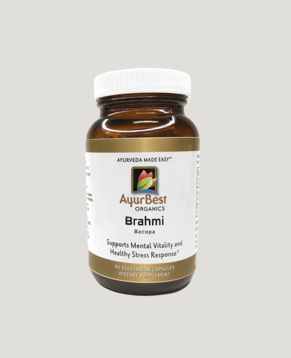 Bottle of Brahmi Bacopa  capsules supports Mental Vitality and Health Stress response