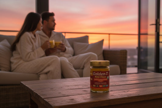 Enjoy the benefits of Komal GoldenT milk with a loved one today. (couple sitting and watching sunset)